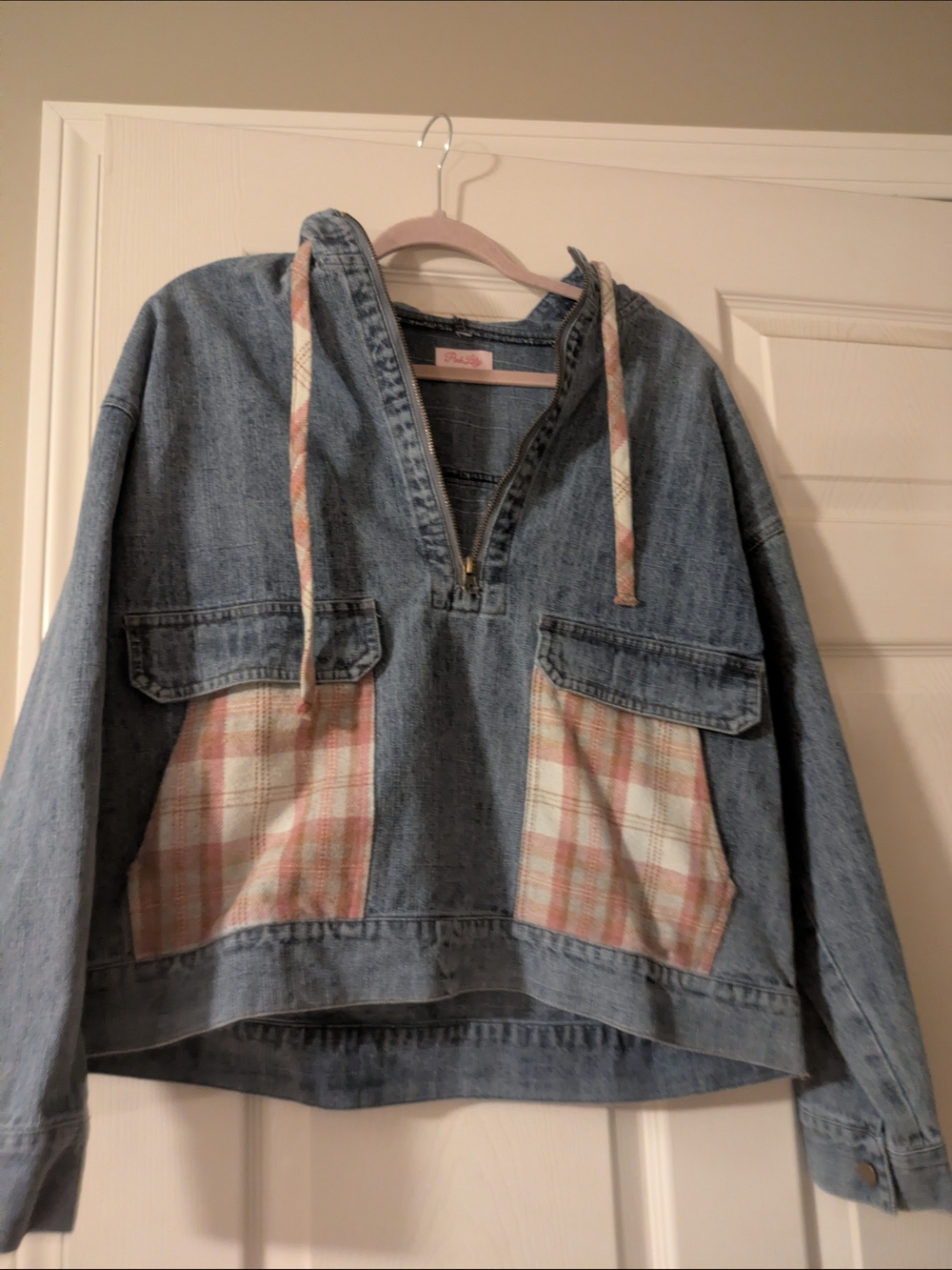 Pink Lily Light Blue Denim Hoodie Jacket with Pink Plaid Accents